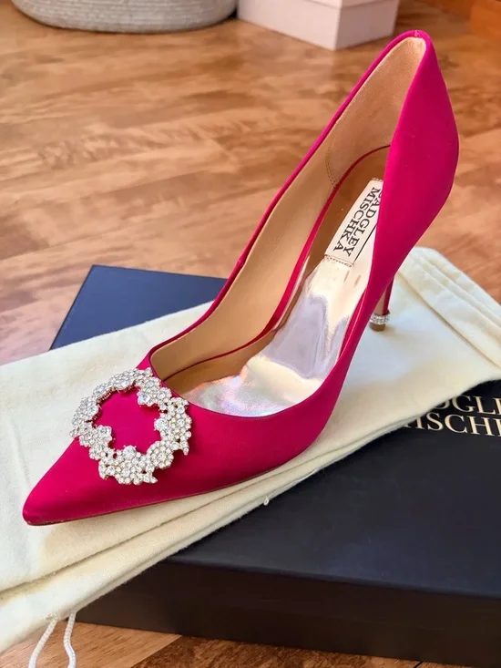Badgley Mischka Fuchsia Pointed-Toe Pumps with Crystal Buckle - Picture 5 of 11